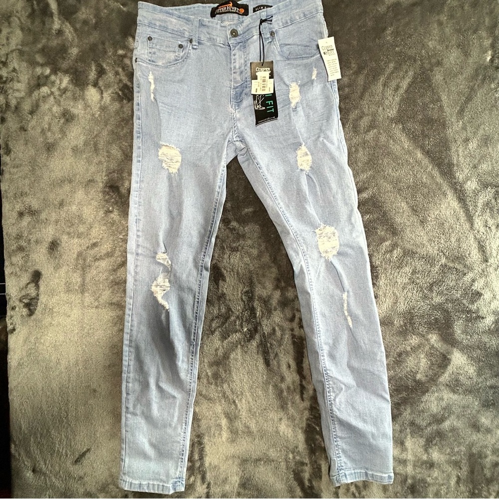 Copper Rivet Distressed Skinny Jeans Mens 34x32 Light Wash Ripped Denim NWT $90‎